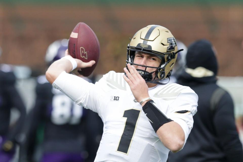 Purdue quarterback Michael Alaimo (1) warms up prior to the start of an NCAA football game between the Purdue Boilermakers and the Northwestern Wildcats, Saturday, Nov. 20, 2021 at Wrigley Field in Chicago.