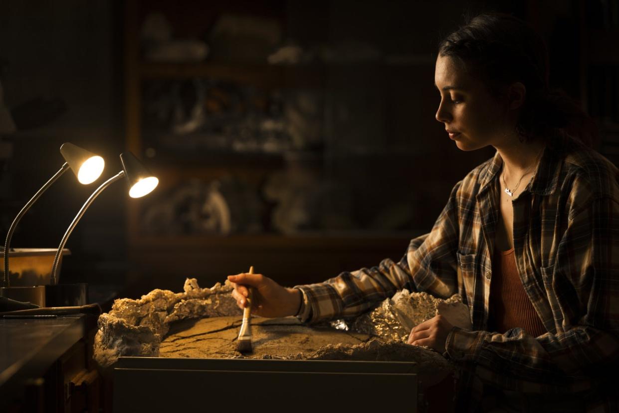 Emma Puetz prepares a triceratops fossil she discovered in 2022.