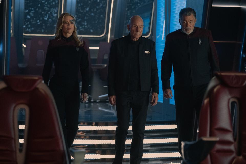 Jeri Ryan as Seven, Patrick Stewart as Picard, and Jonathan Frakes as Riker from "Star Trek: Picard."