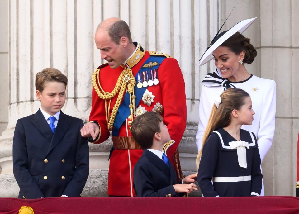london, england june 15 prince george of wales, prince william, prince of wales, prince louis of wales, princess charlotte of wales and catherine, princess of wales on the balcony of buckingham palace during trooping the colour on june 15, 2024 in london, england trooping the colour is a ceremonial parade celebrating the official birthday of the british monarch the event features over 1,400 soldiers and officers, accompanied by 200 horses more than 400 musicians from ten different bands and corps of drums march and perform in perfect harmony photo by karwai tangwireimage