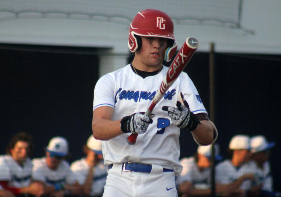 Trinity Christian batter Brayden Harris (9) adjusts his grip during an FHSAA Class 3A playoff.