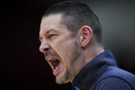 Montana State coach Matt Logie shouts during the first half of the team's First Four game against Grambling State in the NCAA men's college basketball tournament Wednesday, March 20, 2024, in Dayton, Ohio. (AP Photo/Aaron Doster)