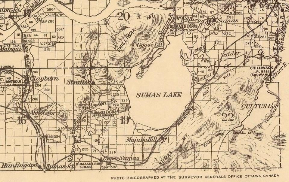 Details of a 1913 surveyor general's map 77 from the City of Vancouver Archives show the location of Sumas Lake, which was later drained to become the Sumas Prairie.