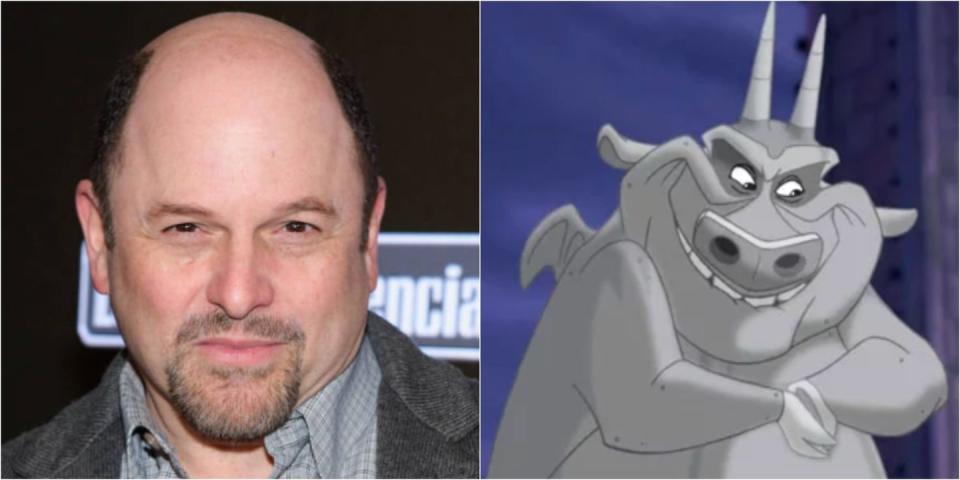 <p>During his run as George Constanza in <em>Seinfeld</em>, Jason Alexander took a hot sec to voice the gargoyle Hugo, one of the three, in <em>The Hunchback of Notre Dame</em>. Prior to that, he voiced Abis Mal in <em>Aladdin: The Return of Jafar</em>.</p>