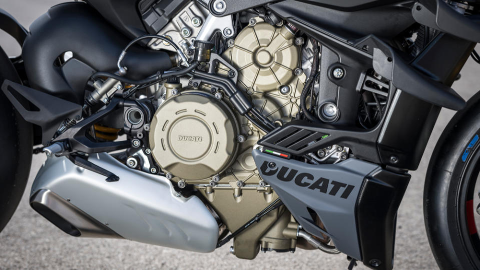 The 208 hp Desmosedici engine on a 2023 Ducati Streetfighter V4 S.