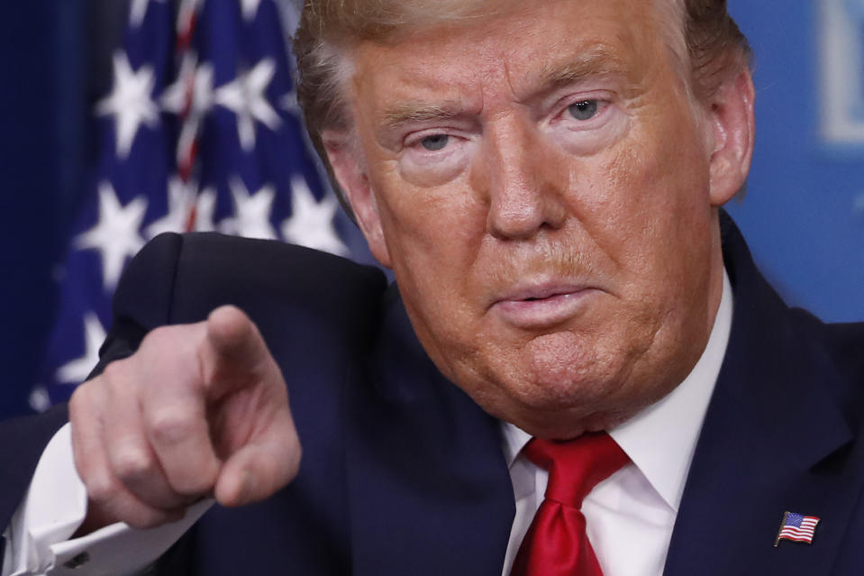 President Donald Trump speaks about the coronavirus in the James Brady Briefing Room, Thursday, March 26, 2020, in Washington. (AP Photo/Alex Brandon)