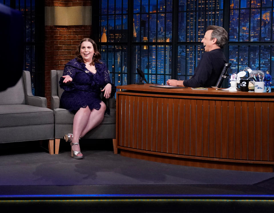 <p>Beanie Feldstein sits down for a chat with Seth Meyers on <em>Late Night</em> in N.Y.C. on June 27.</p>