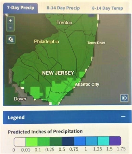 National Integrated Drought Information System rainfall graphic for New Jersey showing only outlook for slightest rainfall amount in the next seven days for southwest South Jersey. June 20, 2024.