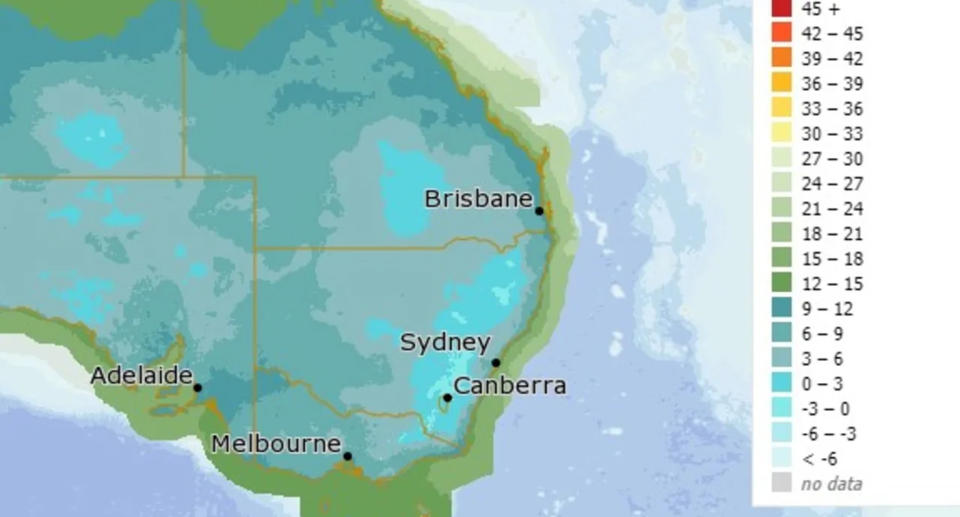 Weather map of Australia showing cold weather. 