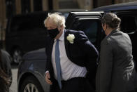 British Prime Minister Boris Johnson arrives to attend an annual service for the Florence Nightingale Foundation, to mark nurses' contribution to the community at Westminster Abbey in London, Wednesday, May 12, 2021. (AP Photo/Matt Dunham)