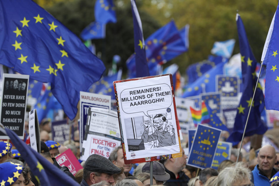 Anti-Brexit protestors march in London, Saturday, Oct. 19, 2019. Britain's Parliament is set to vote in a rare Saturday sitting on Prime Minister Boris Johnson's new deal with the European Union, a decisive moment in the prolonged bid to end the Brexit stalemate. Various scenarios may be put in motion by the vote. (AP Photo/Kirsty Wigglesworth)