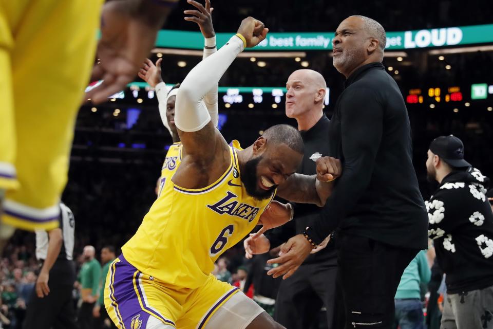 Los Angeles Lakers&#39; LeBron James (6) reacts after missing a shot late in the fourth quarter during an NBA basketball game against the Boston Celtics, Saturday, Jan. 28, 2023, in Boston. (AP Photo/Michael Dwyer)