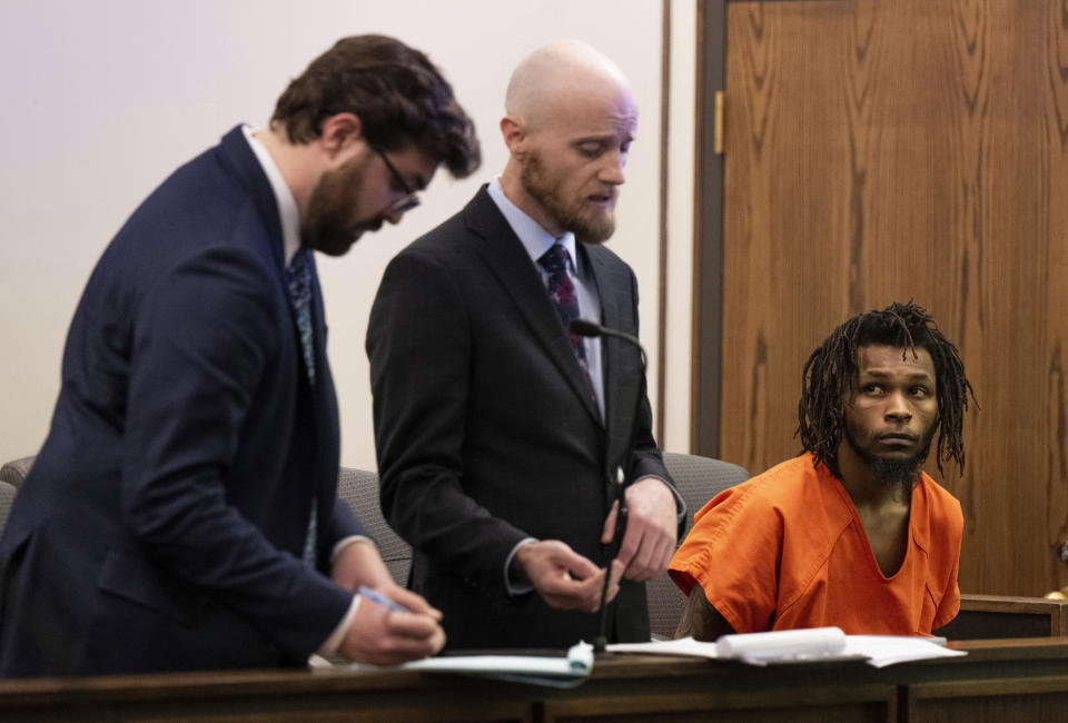 From left, Public Defenders William Patrick and Nick Rogers, represent Nicholas Jordan, 25, in El Paso County 4th Judicial Court, Friday, Feb. 23, 2024, in Colorado Springs, Colo. Jordan was arrested Monday, Feb. 19, in the deaths of his roommate, Samuel Knopp, 24, and Celie Rain Montgomery, 26, at the University of Colorado Colorado Springs. (Parker Seibold/The Gazette via AP, Pool)