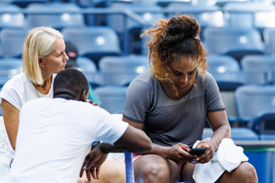 Serena Williams, pictured here after a practice session at Flushing Meadows before the US Open.