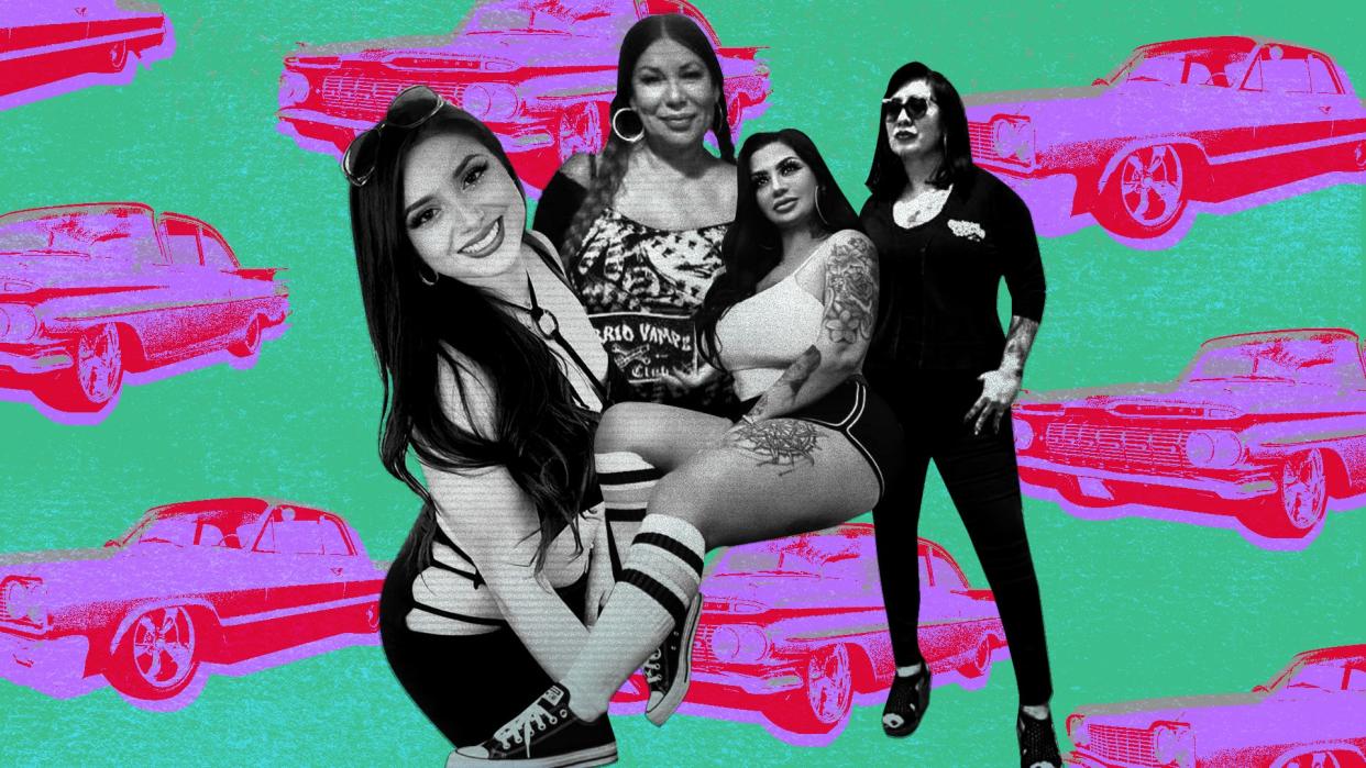 (L-R) Angelique Aguilar, Vivian Gallo, Sandy Avila and Debbie Flores are part of a growing number of women-led car clubs are redefining lowriding culture in Southern California and beyond. (Credit: Nathalie Cruz and Aisha Yousaf for Yahoo / Photo: Getty Images)