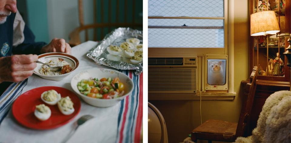 Andrzej eats lunch, left, in September. Right, Susan's cat Simba peers through the pet flap.