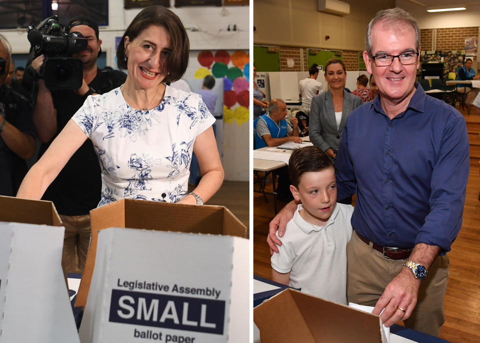 Gladys Berejiklian (left) has led the coalition to an election win in NSW, giving the coalition a third term in government. Pictured right is Labor leader Michael Daley Source: AAP