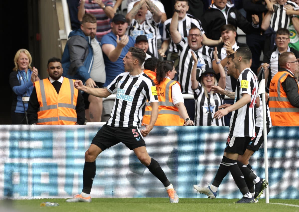 Newcastle’s Fabian Schar celebrates scoring the opening goal in Saturday’s 2-0 Premier League win over Nottingham Forest (Richard Sellers/PA) (PA Wire)