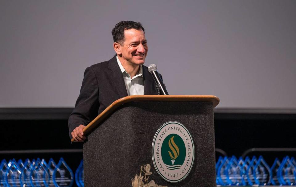 Former State Assembly Speaker Anthony Rendon, D-Lakewood, greets attendees to a March 22, 2023, event at the University Ballroom at Sacramento State.
