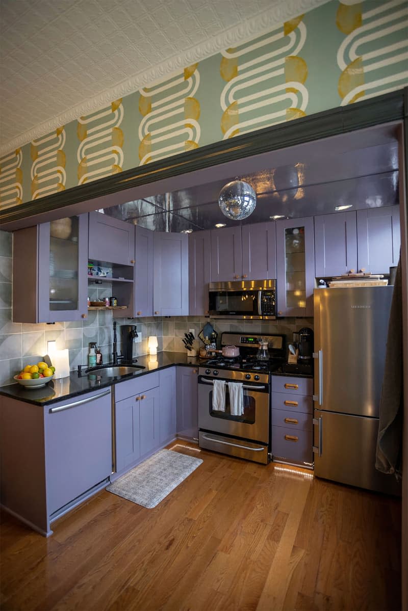 Purple cabinets in kitchen with disco ball on the ceiling.