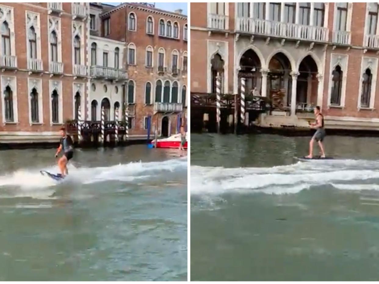 Screenshots of men surfing on Venice canal