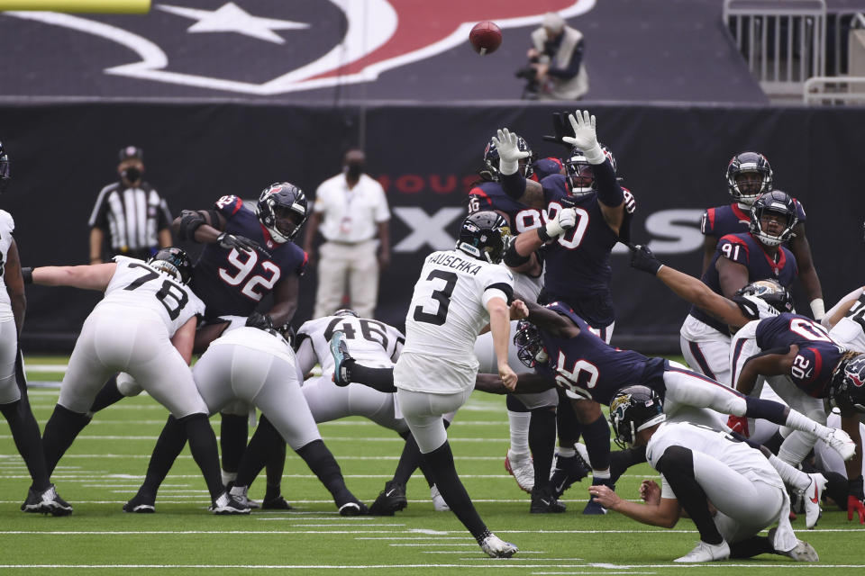 Jacksonville Jaguars kicker Stephen Hauschka (3) misses a field goal attempts against the Houston Texans during the first half of an NFL football game Sunday, Oct. 11, 2020, in Houston. (AP Photo/Eric Christian Smith)