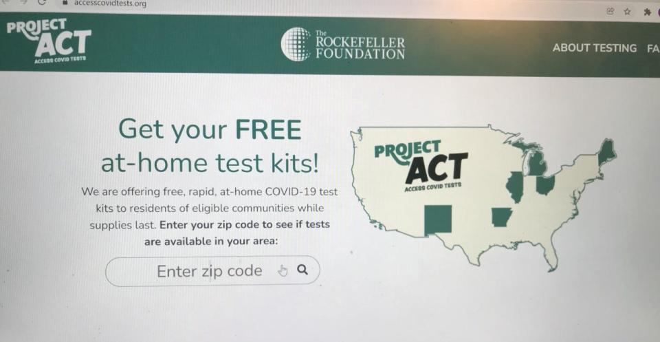 A screengrab Jan. 28, 2022 of the Project ACT website, where residents in vulnerable communities in six states can order free, at-home COVID-19 test kits. Michigan is one of the six states in the program through The Rockefeller Foundation.