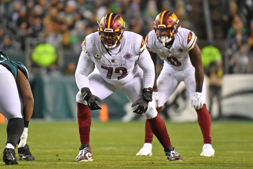 Washington Commanders offensive tackle Charles Leno Jr. (72) against the <a class="link " href="https://sports.yahoo.com/nfl/teams/philadelphia/" data-ylk="slk:Philadelphia Eagles;elm:context_link;itc:0">Philadelphia Eagles</a> at Lincoln Financial Field. Mandatory Credit: Eric Hartline-USA TODAY Sports