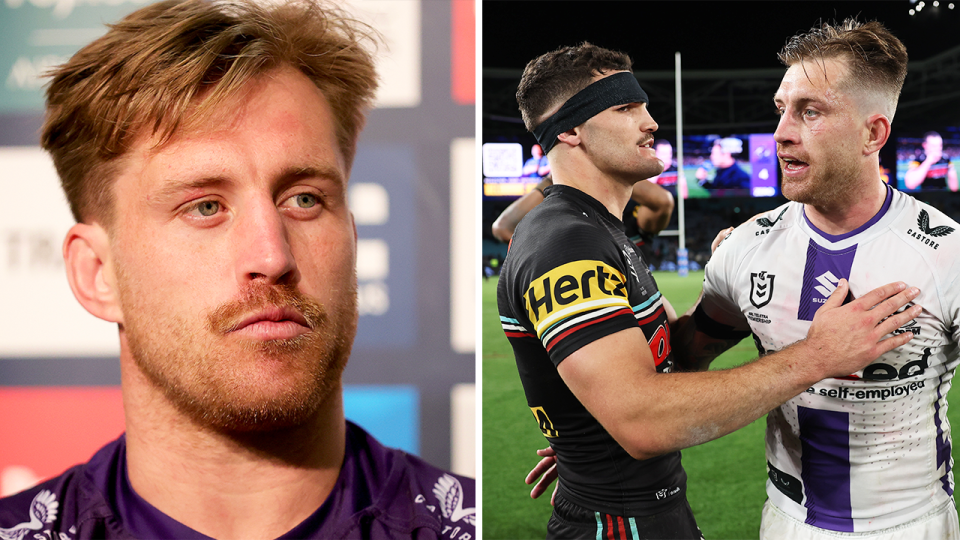 Cameron Munster (pictured) could be set to miss the blockbuster clash with the Penrith Panthers and Nathan Cleary (pictured right) due to injury. (Getty Images)