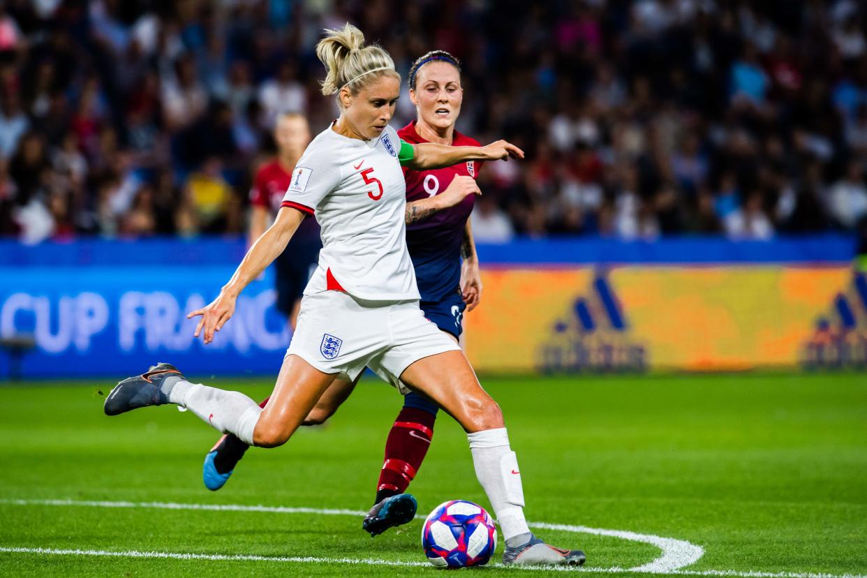 Steph Houghton of England and Isabell Lehn Herlovsen of Norway during the FIFA Women's World Cup Quarter Final match between Norway and England on June 27, 2019 in Le Havre. 