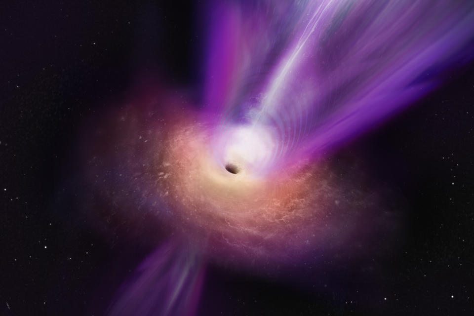Artist's impression of the supermassive black hole in the M87 galaxy and its powerful jet.