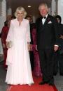 <p>Camilla wore this long, embroidered pink gown and diamond earrings for a gala dinner with the Prime Minister of Malaysia in Kuala Lumpur.</p>