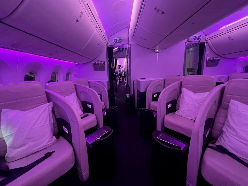 A view down an aisle on Air New Zealand's business class cabin.