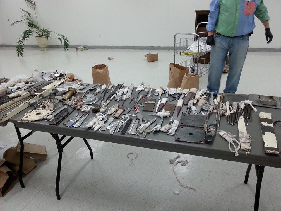Dozens of weapons seized by corrections officials are displayed after a shakedown at Wilkinson County Correctional Facility in 2017. This image was posted to the Mississippi Department of Corrections’ Facebook page.