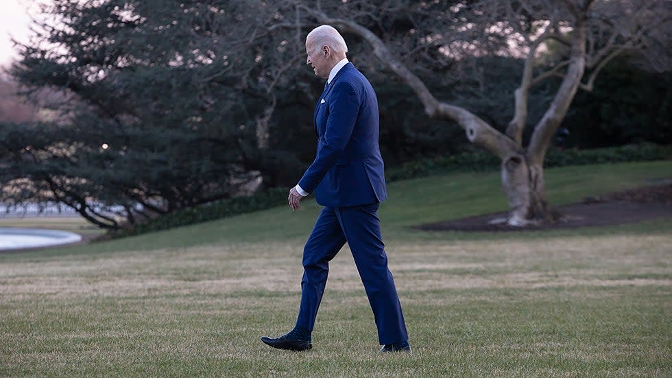 President Biden heads toward Marine One on the South Lawn of the White House for a trip home to Delaware for the weekend on Friday, March 4, 2022.