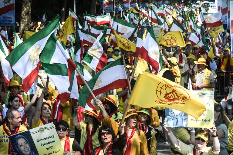 Una protesta contra  el presidente Ebrahim Raisi afuera del edificio de la ONU en Nueva York, el 21 de septiembre 