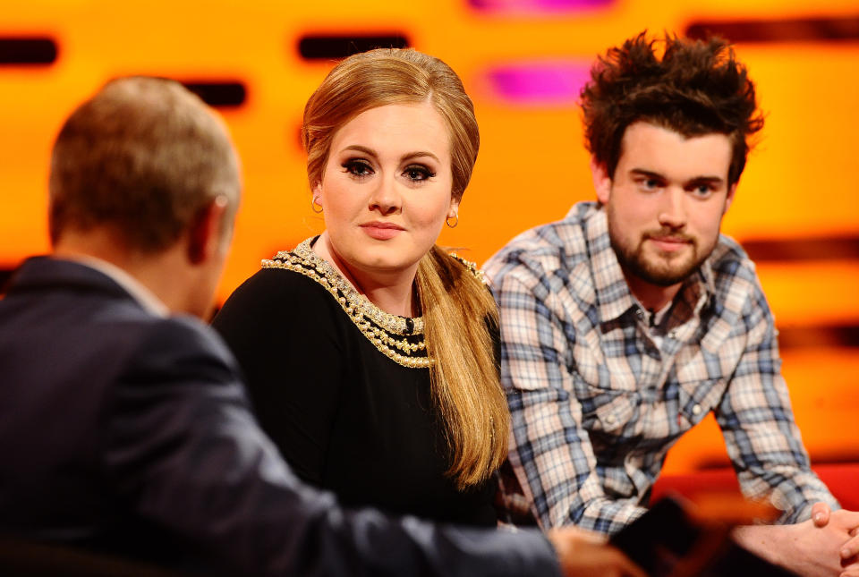 (From left to right) Graham Norton, Adele and Jack Whitehall during filming for the Graham Norton show at the London Studios. The show will air on BBC One tomorrow at 10.30pm.   (Photo by Ian West/PA Images via Getty Images)