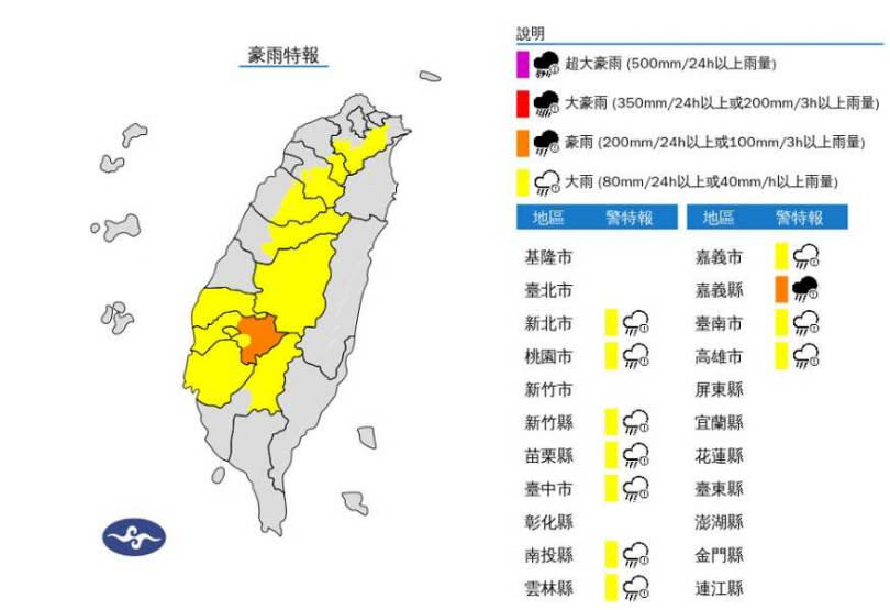 11縣市豪、大雨特報。（圖／氣象署）