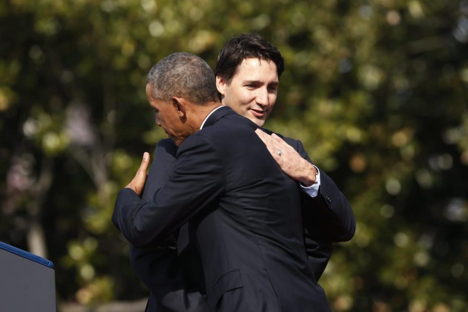 President Barack Obama greets Canadian Prime Minister Justin Trudeau during an arrival ceremony at the White House, Thursday March 10, 2016 in Washington. Trudeau hopes to strengthen U.S.-Canada ties during his debut visit to the White House (AP Photo/Pablo Martinez Monsivais)