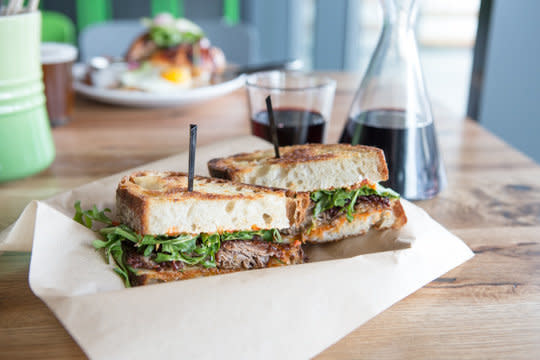 Brider's&nbsp;lamb and harissa sandwich: tender lamb, creamy tzatziki, fresh cucumbers, pepper relish and arugula on ciabatta bread. (Photo: Brider)