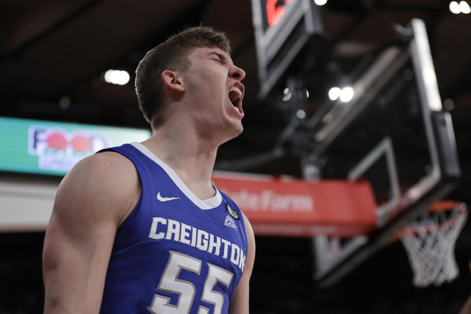 Creighton guard Baylor Scheierman reacts after being fouled against St. John's during the first half of an NCAA college basketball game Sunday, Feb. 25, 2024, in New York. (AP Photo/Adam Hunger)
