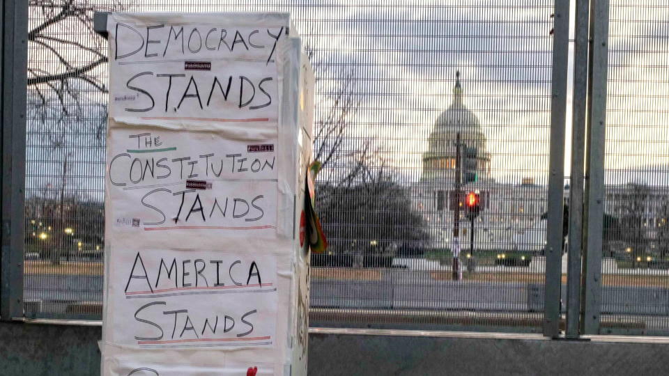 A sign outside the United States Capitol building, following the inauguration of President Joe Biden and Vice President Kamala  Harris, Jan. 23, 2021. / Credit: Jeremy Hogan/SOPA Images/LightRocket via Getty Images