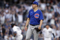 Chicago Cubs pitcher Matt Swarmer reacts after giving up a home run to New York Yankees' Aaron Judge during the first inning of a baseball game Saturday, June 11, 2022, in New York. (AP Photo/Adam Hunger)