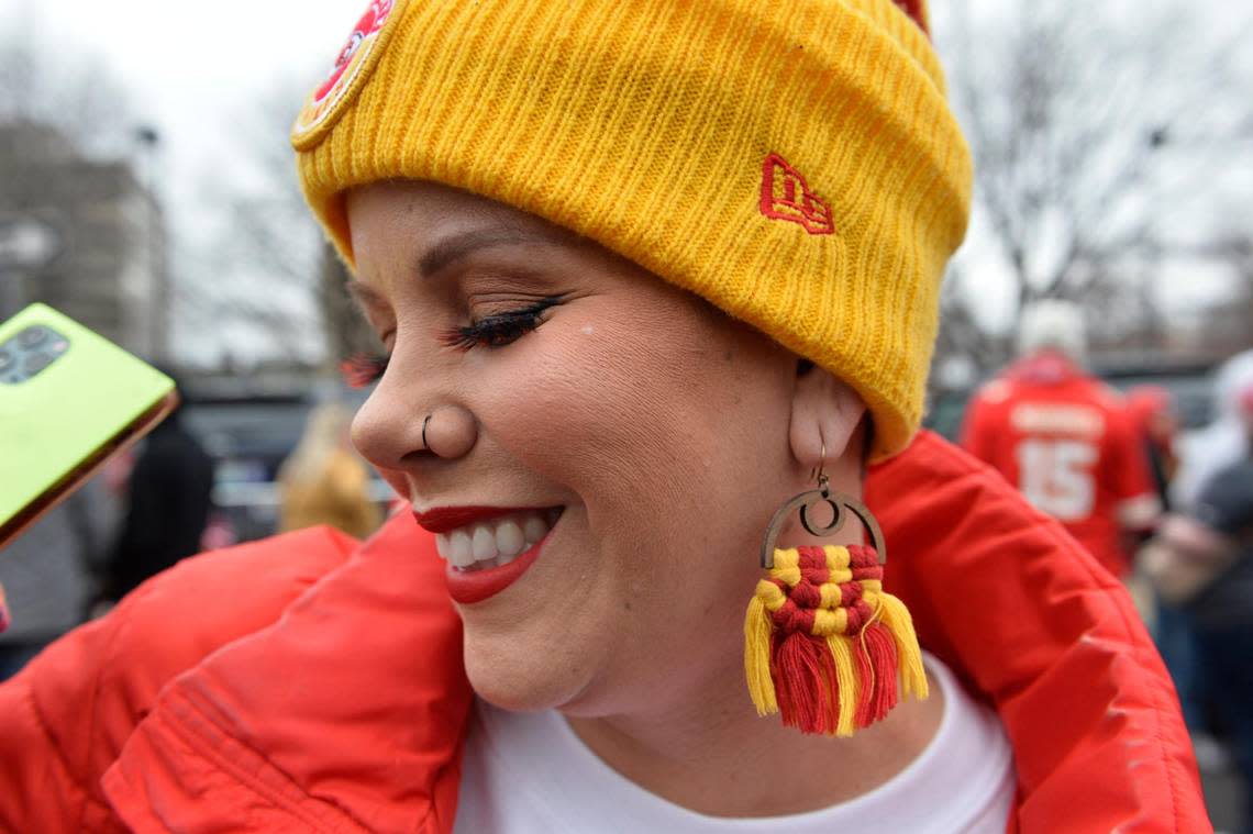 April Willis sported red eyelashes and Chiefs gear during the Super Bowl victory parade Wednesday.