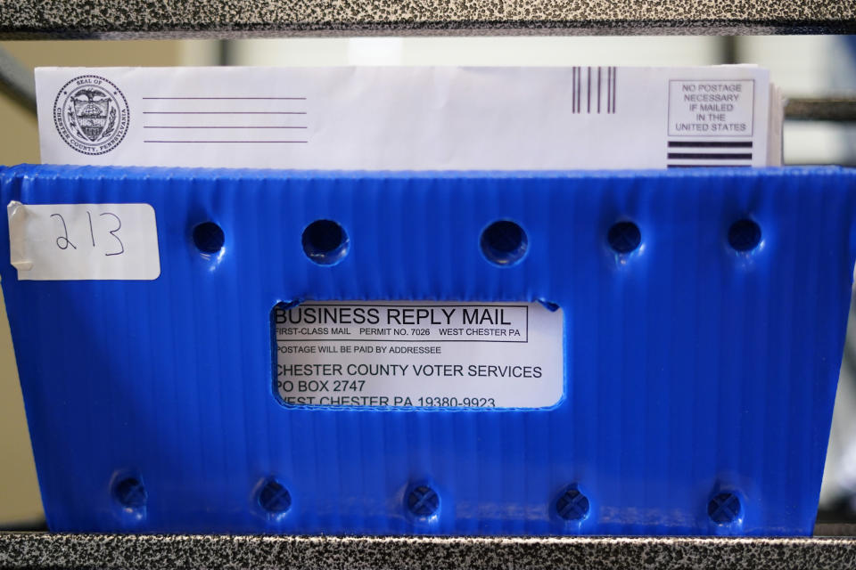 Ballot envelopes for the Pennsylvania primary election are seen after being processed at the Chester County Voter Services office, Thursday, May 19, 2022, in West Chester, Pa. (AP Photo/Matt Slocum)