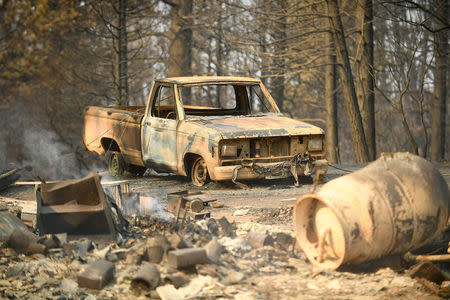 A car scorched by the Ponderosa Fire rests in a clearing east of Oroville, California, U.S. August 30, 2017. REUTERS/Noah Berger