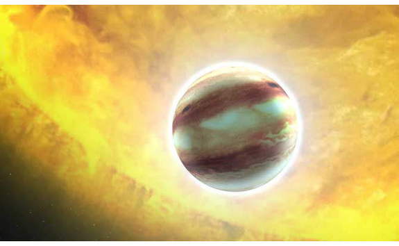 This is an artist's concept of the "hot Jupiter" class planet, HAT-P-7b. This planet orbits a star that is much hotter than our Sun.