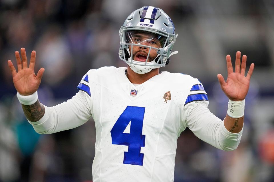 Dallas Cowboys quarterback Dak Prescott reacts arrives during the second half of an NFL football game in Arlington, Texas, Sunday, Aug. 17, 2023.