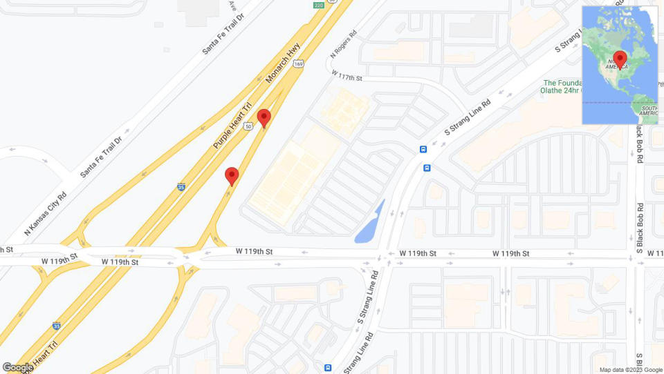 A detailed map that shows the affected road due to 'Broken down vehicle on South Strang Line Road in Olathe' on October 15th at 2:10 p.m.