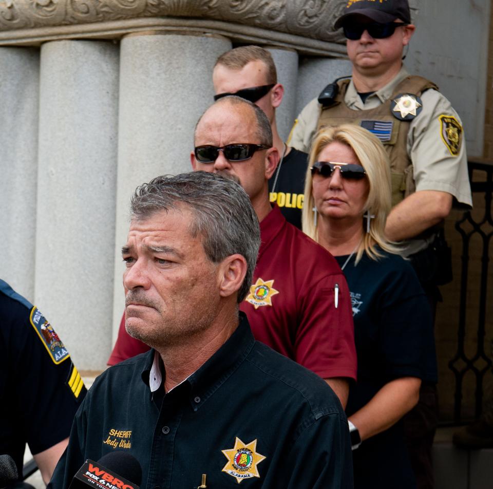 June 30, 2022; Bibb County, AL, USA; Bibb County Sheriff Jody Wade speaks at a new conference regarding the two Bibb County deputies who were shot Wednesday evening. Deputy Chris Poole was treated and released but Deputy Brad Johnson died.  Gary Cosby Jr.-The Tuscaloosa News